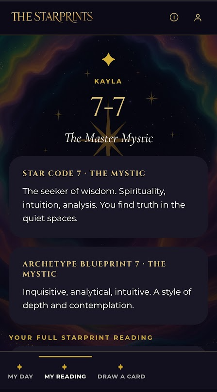 The Companion My Reading screen showing your Starprint code, archetype, and full reading